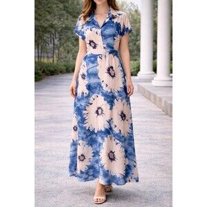 Floral Maxi Dress Women’s Blue Beige Collared Button Front Size XL
